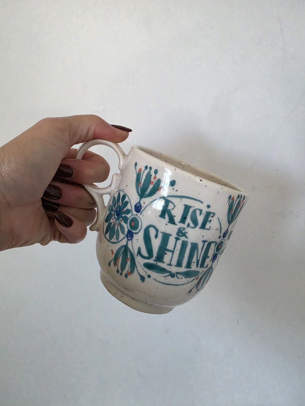 Anthropologie Elevenses Rise & Shine Ceramic Mug in Teal Floral Design